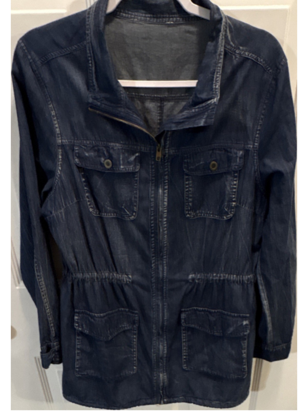 Women’s Blue denim ￼ Jacket XL Regular Mid-Length Zip Drawstring Pockets